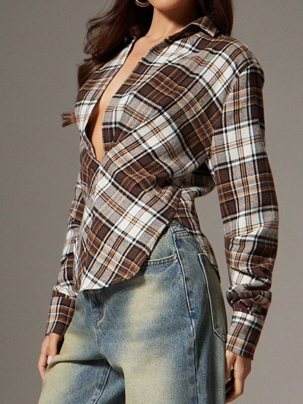 Multicolor Casual Women's Long Sleeve Twisted Front Low Neck Plaid Top